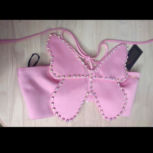 Wicked Pink Butterfly Iridescent Crystal Crop Top y2k bling Forever 21 - Picture 1 of 4